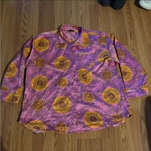 Nasty Gal Pink Orange Tile Satin Button Down Long Sleeve Top Size 6 Bohemian